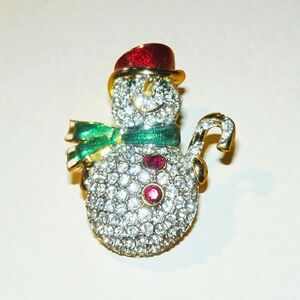 Swarovski Signed Vintage Snowman Brooch Gold Plated Encrusted With Crystals